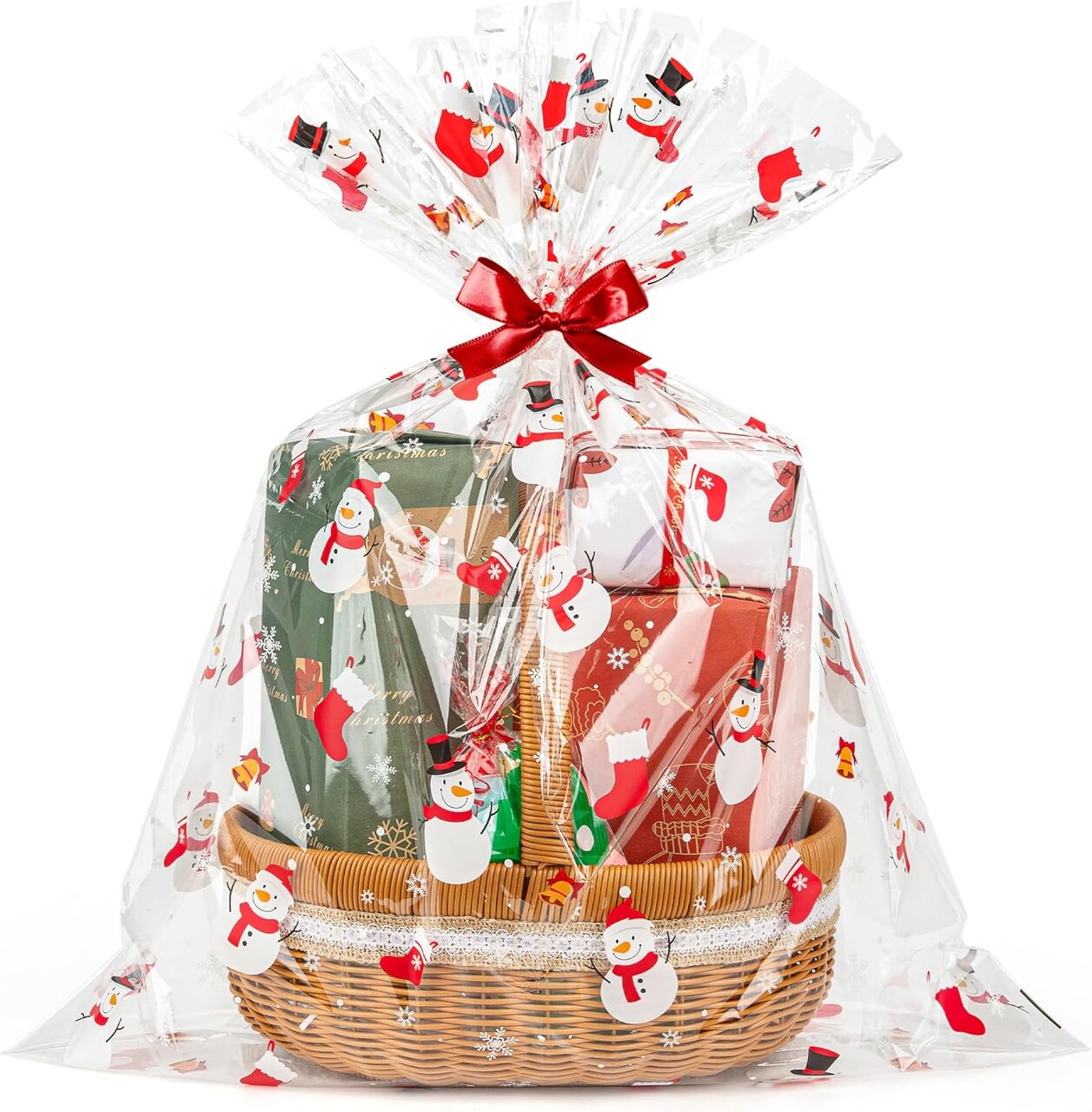 Christmas Cellophane Gift Bags 10pcs Large Holiday Gift Wrap 24x30 Inch Clear Gift Basket Wrapping Plastic (Christmas stockings,Snowman)